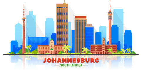 Obraz premium Johannesburg, ( South Africa ) city skyline vector illustration white background. Business travel and tourism concept with modern buildings. Image for presentation, banner, and website.