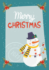 Cartoon illustration for holiday theme with happy snowman on winter background with trees and snow. Greeting card for Merry Christmas and Happy New Year. Vector illustration. - 547730207