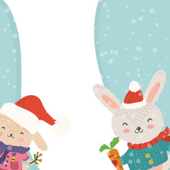 Cartoon illustration for holiday theme with  two happy funny rabbits on winter background with trees and snow. Greeting card for Merry Christmas and Happy New Year. Vector illustration. - 547730258