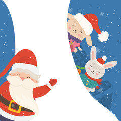 Cartoon illustration for holiday theme with happy Santa Claus and rabbit on winter background with trees and snow. Greeting card for Merry Christmas and Happy New Year. Vector illustration. - 547730297