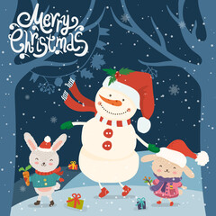 Cartoon illustration for holiday theme with snowman and two happy funny rabbits on winter background with trees and snow. Greeting card for Merry Christmas and Happy New Year. Vector illustration. - 547730622