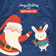 Cartoon illustration for holiday theme with happy Santa Claus and rabbit on winter background with trees and snow. Greeting card for Merry Christmas and Happy New Year. Vector illustration. - 547730664