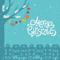 Cartoon illustration and text for holiday theme on winter background with trees and snow. Greeting card for Merry Christmas and Happy New Year. Vector illustration. - 547730683