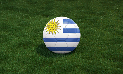 Soccer ball with Uruguay flag colors at a stadium on green grasses background. 3D illustration.