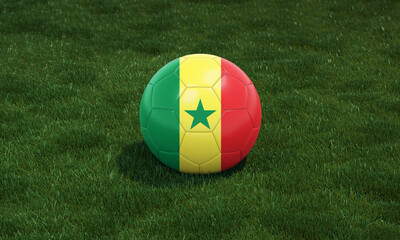 Fototapeta na wymiar Soccer ball with Senegal flag colors at a stadium on green grasses background.