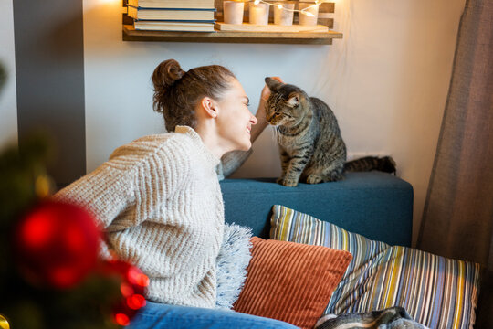 A cute gray tabby cat licks the nose of a happy young owner woman. Love and care for pets