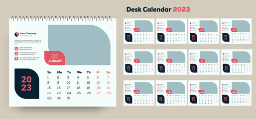 Minimal style desk calendar 2023 template design with Place for Photo, Company Logo, and description. 