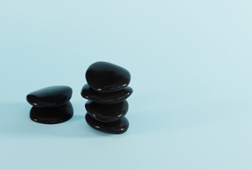 Black decorative stones on a blue background. The concept of furnishing a room, apartment, house. Black pebbles. 3D render, 3D illustration.