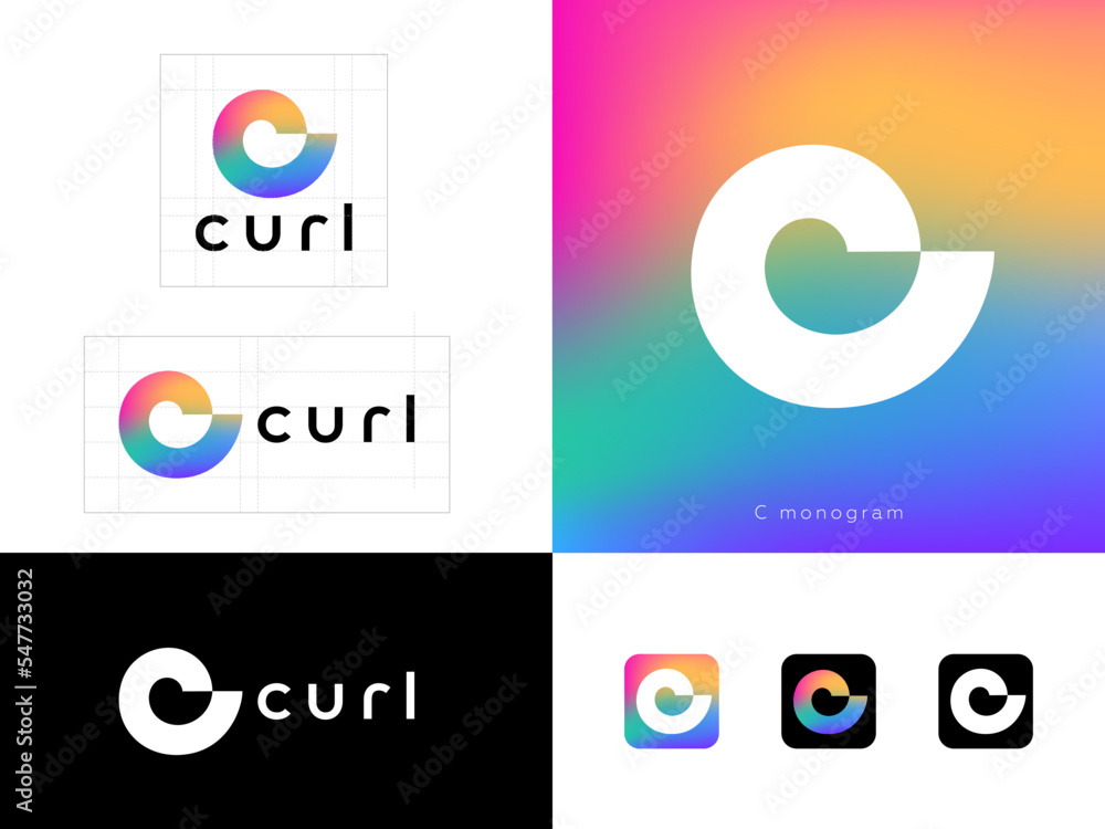 Poster curl logo. c monogram as spiral shape. identity, corporate style, app button set. rainbow background