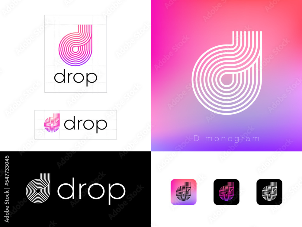 Poster drop logo. d monogram consists of some thin lines on color background. identity, corporate style, ap