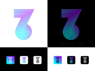 76 logo. 7 and 6 monogram consist of purple-green gradirnt lines. Identity, corporate style, app button set.