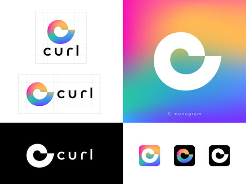 Curl logo. C monogram as spiral shape. Identity, corporate style, app button set. Rainbow background.