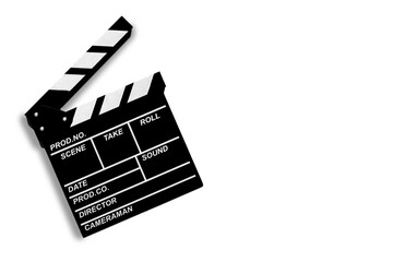 Fototapeta na wymiar Movie clapperboard for shooting videos and movies on a white background copy space