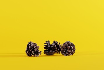 Pine cones on a yellow background. Concept of cones, holidays, Christmas tree, nature. 3D render, 3D illustration.