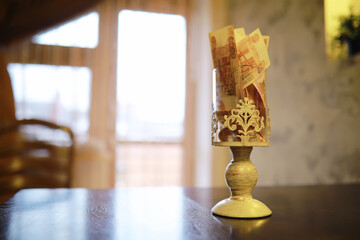 A Russian banknote value of 5000 rubles. The concept of finance, investment, savings and cash. Money background. Currency exhange. Economic crisis. Rouble dollar cash.