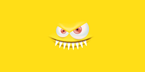 Vector angry yellow monster face with open mouth with fangs and evil eyes isolated on yellow horizontal background. Halloween cute and angry monster design template for poster, banner and tee print - obrazy, fototapety, plakaty