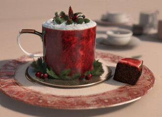 Hot chocolate with chream, chocolate mousse cake with chritsmas decoration