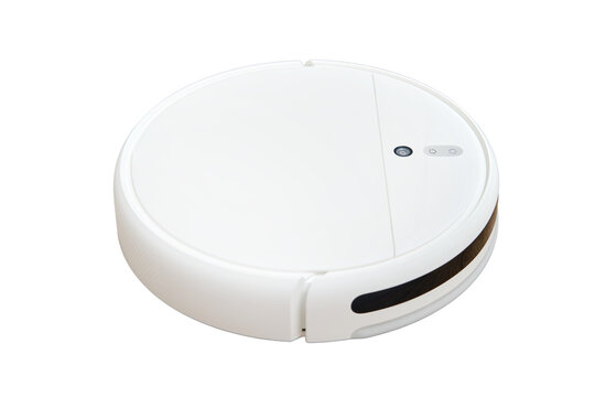 White Robot Vacuum Cleaner, Isolated On A White Background.