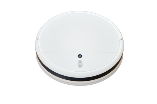 White robot vacuum cleaner, isolated on a white background.