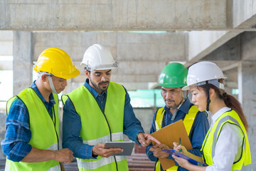 team of civil engineer manager, maintenance supervisor, professional technician foreman together...