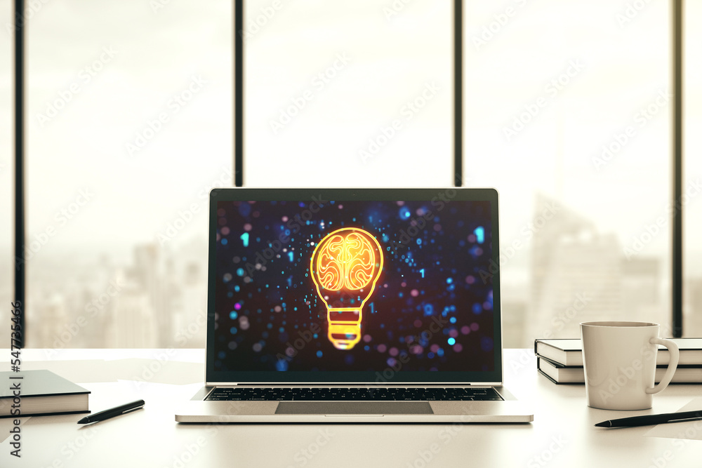 Aufkleber creative light bulb illustration with human brain on modern computer monitor, future technology conc