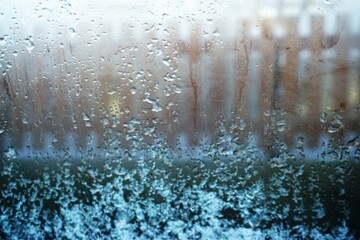 Beschlagene Glasscheibe mit Eis- und Wassermuster vor Gartenmauer und braunem Lattenholzzaun am...