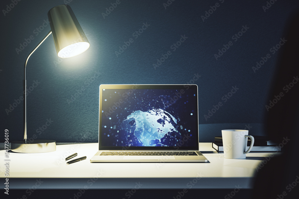 Leinwandbilder computer monitor with abstract creative programming illustration and world map, big data and blockch