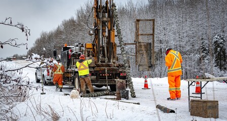 Geotechnical investigation by drilling on a country road in winter
