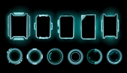 Sci-fi game frame set, hi-tech stream background, vector space HUD border, neon cyber UI screen. Futuristic technology monitor kit, space ship modern interface. Rectangle circle window game frame © Oleksandra