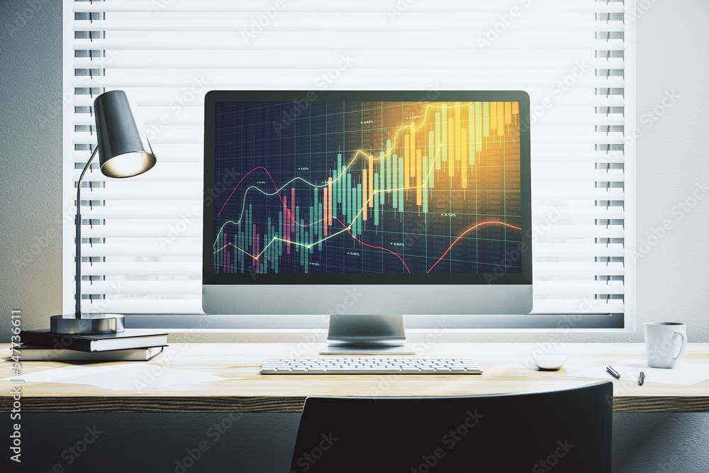 Poster computer monitor with abstract financial graph, finance and trading concept. 3d rendering