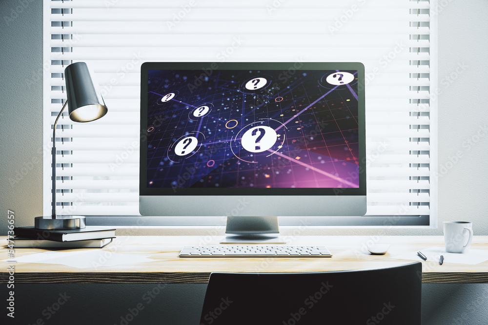 Aufkleber creative concept of question mark illustration on modern laptop screen. faq and search concept. 3d r