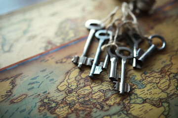 International world management concept.Background with compass, vintage key, vintage tone on...
