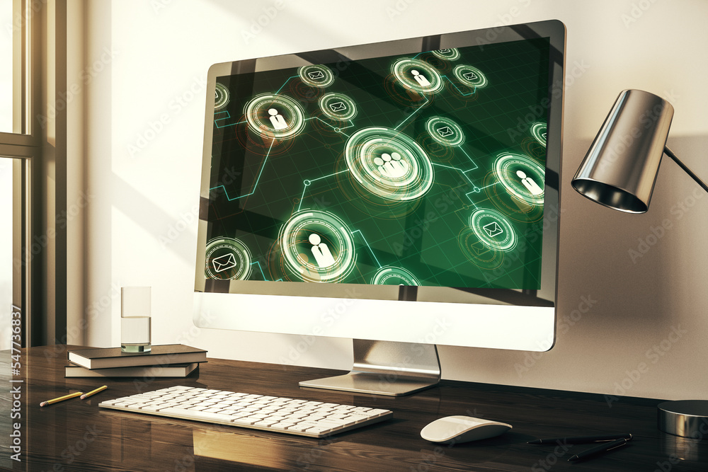 Poster modern computer display with social network icons concept. networking concept. 3d rendering