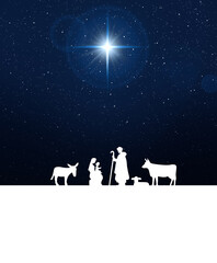 Bright star, starry sky and silhouettes of the family of Jesus Christ and animals. Nativity scene - 547736858