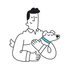 Happy guy holding hugging dog. Outline, linear, thin line, doodle art. Simple style with editable stroke.Web