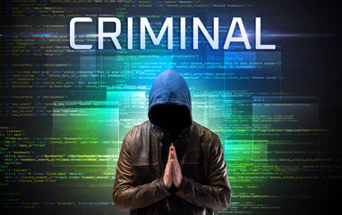 Faceless hacker on code background