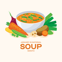 January is National Soup Month vector. Delicious fresh vegetable soup still life icon vector. Healthy vegetable broth drawing. Important day