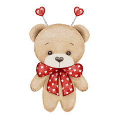 Watercolor Valentine's day illustration. Cute beige teddy bear with a red bow isolated on white background. Funny cartoon character for postcards, greeting cards, poster, invitation, birthday design.