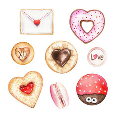 Watercolor Valentine's day illustration set, romantic elements. Sweets, cookies, envelope, donut, hearts. Collection of hand-drawn elements isolated on white background.
