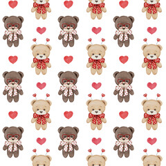 Watercolor seamless pattern. Valentine's day illustration. Cute teddy bears, hearts. Romantic design on white background. For textile, prints, wallpaper, cards, wrapper.