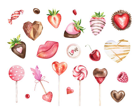 Watercolor Valentine's day illustration set, romantic elements. Sweets, cookies, chocolate hearts, lollipop, berries. Collection of hand-drawn elements isolated on white background