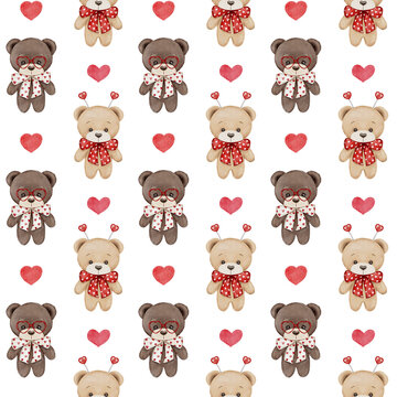 Watercolor seamless pattern. Valentine's day illustration. Cute teddy bears, hearts. Romantic design on white background. For textile, prints, wallpaper, cards, wrapper.