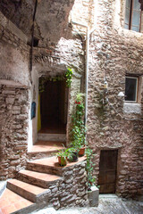 Fototapeta na wymiar View of old houses in the inside of Dolceacqua village, Imperia, Liguria, Italy