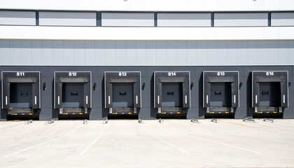 Row of loading docks with shutter doors at warehouse. Row gate.