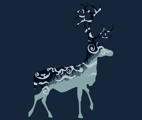 Vector illustration of a minimalistic dark landscape inside the silhouette of a horned deer. Inside there is a spruce forest on the mountain and gusts of wind with spiral curls. Image for your design