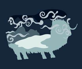 Vector illustration of a minimalistic dark landscape inside the silhouette of a musk ox, a horned bull. Inside there is a spruce forest, a lake, mountains and gusts of wind with spiral curls. An image