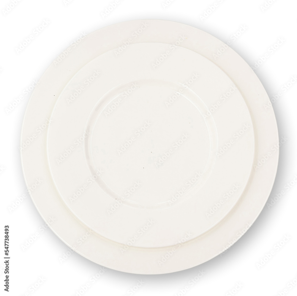 Poster table setting top view. two white plates empty isolated on white
