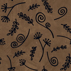 Seamless pattern on a violet textured background. Hand-drawn leaves, flowers and branches. For the design of fabric, wallpaper and wrapping paper.