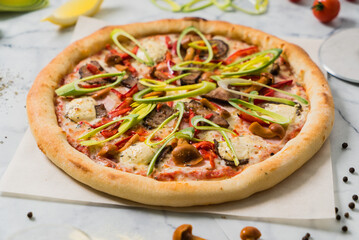 tasty pizza on the marble table