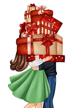 Girl and boy with gift boxes celebrating Christmas. Merry Christmas greeting card
